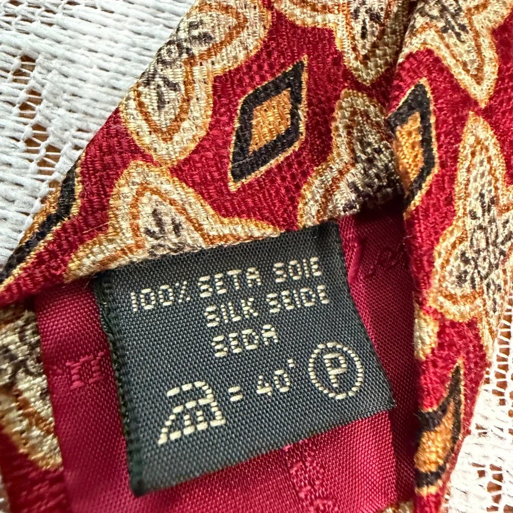 Ermenegildo Zegna‎ Tie Mens OS Red Gold Silk Geometric Medallion Excellent Italy